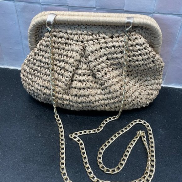GORGEOUS VINTAGE RAFFIA WOVEN HARD OPEN FRAME GOLD CHAIN CROSSBODY PURSE BAG - Picture 2 of 6